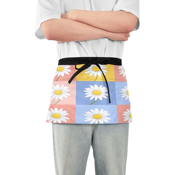 Yayeee Waist Apron with Pockets for Cooking Waterproof Half Server Aprons, Light Blue Daisy