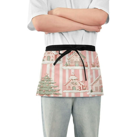 Yayeee Waist Apron with Pockets for Cooking Waterproof Half Server Aprons, Light Green Christmas Houses