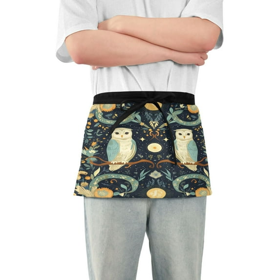 Yayeee Waist Apron with Pockets for Cooking Waterproof Half Server Aprons, Mystical Owls Pattern