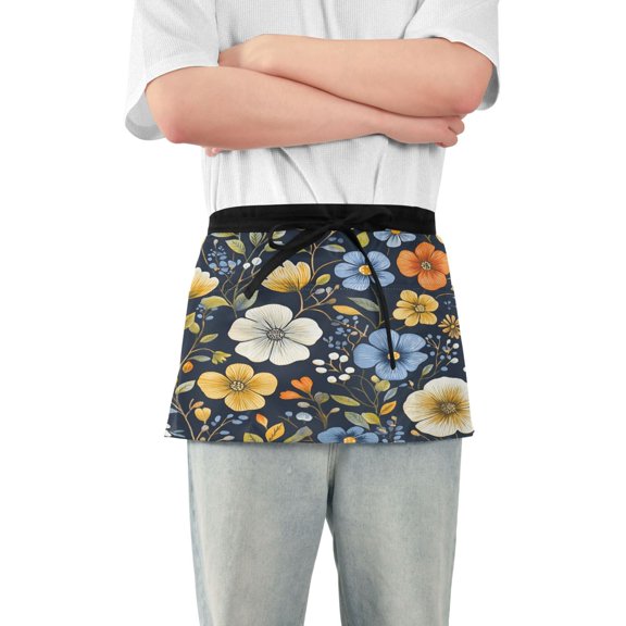 Yayeee Waist Apron with Pockets for Cooking Waterproof Half Server Aprons, Navy Floral Pattern