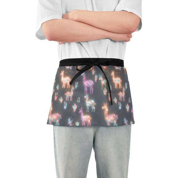 Yayeee Waist Apron with Pockets for Cooking Waterproof Half Server Aprons, Neon Llamas Pattern