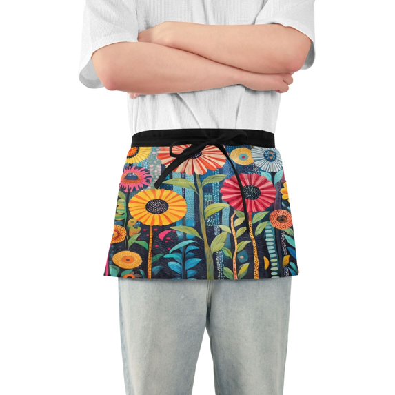 Yayeee Waist Apron with Pockets for Cooking Waterproof Half Server Aprons, Orange Colorful Flowers