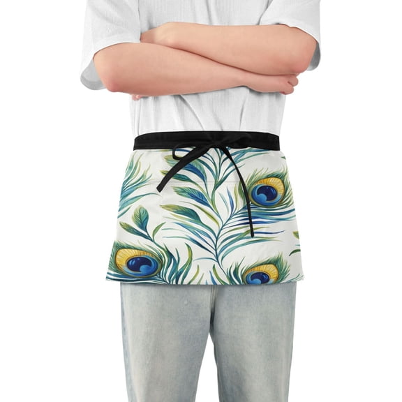 Yayeee Waist Apron with Pockets for Cooking Waterproof Half Server Aprons, Peacock Feather