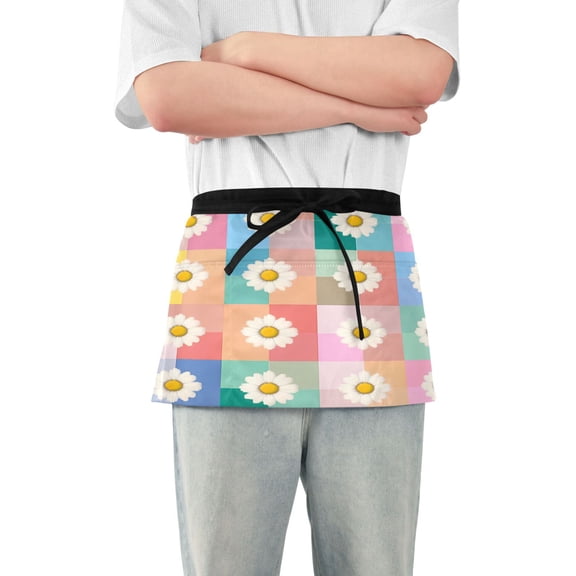Yayeee Waist Apron with Pockets for Cooking Waterproof Half Server Aprons, Pink Checkered Daisy