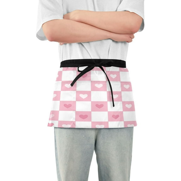Yayeee Waist Apron with Pockets for Cooking Waterproof Half Server Aprons, Pink Checkered Heart