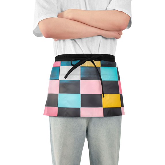 Yayeee Waist Apron with Pockets for Cooking Waterproof Half Server Aprons, Pink Checkered Pattern