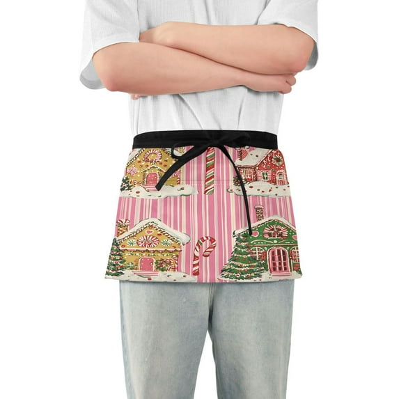 Yayeee Waist Apron with Pockets for Cooking Waterproof Half Server Aprons, Pink Christmas House
