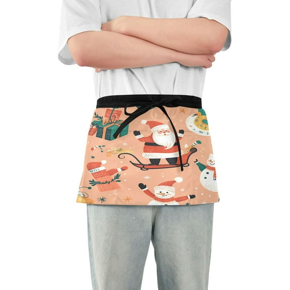 Yayeee Waist Apron with Pockets for Cooking Waterproof Half Server Aprons, Pink Christmas Santa