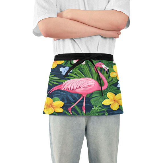 Yayeee Waist Apron with Pockets for Cooking Waterproof Half Server Aprons, Pink Flamingo Pattern
