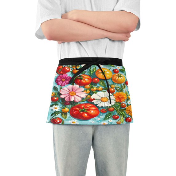 Yayeee Waist Apron with Pockets for Cooking Waterproof Half Server Aprons, Pink Floral Tomatoes