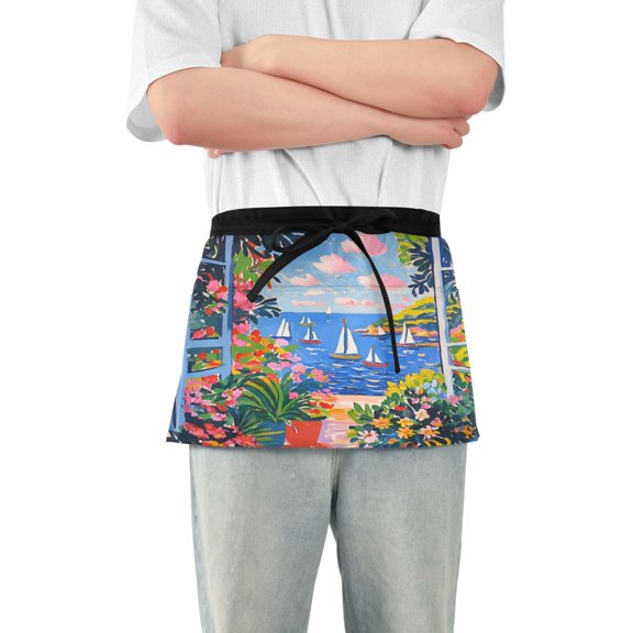 Yayeee Waist Apron with Pockets for Cooking Waterproof Half Server Aprons, Pink Floral Window