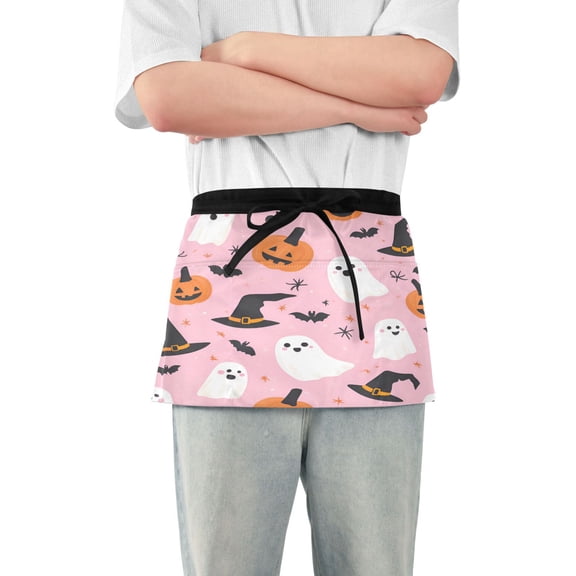 Yayeee Waist Apron with Pockets for Cooking Waterproof Half Server Aprons, Pink Halloween Ghosts