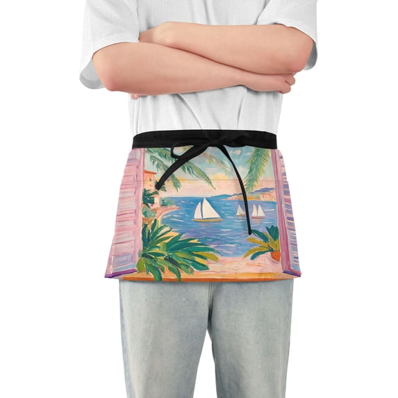 Yayeee Waist Apron with Pockets for Cooking Waterproof Half Server Aprons, Pink Seaside Boat