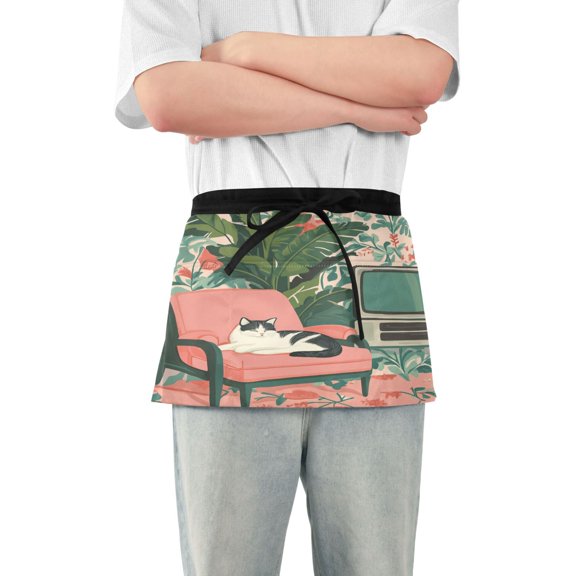 Yayeee Waist Apron with Pockets for Cooking Waterproof Half Server Aprons, Pink and White Cat