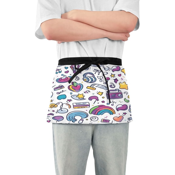 Yayeee Waist Apron with Pockets for Cooking Waterproof Half Server Aprons, Purple Doodle Pattern