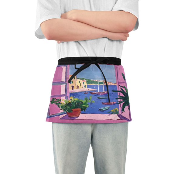 Yayeee Waist Apron with Pockets for Cooking Waterproof Half Server Aprons, Purple Window Scene