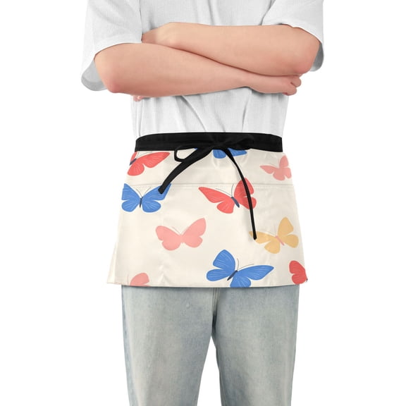 Yayeee Waist Apron with Pockets for Cooking Waterproof Half Server Aprons, Red Butterflies