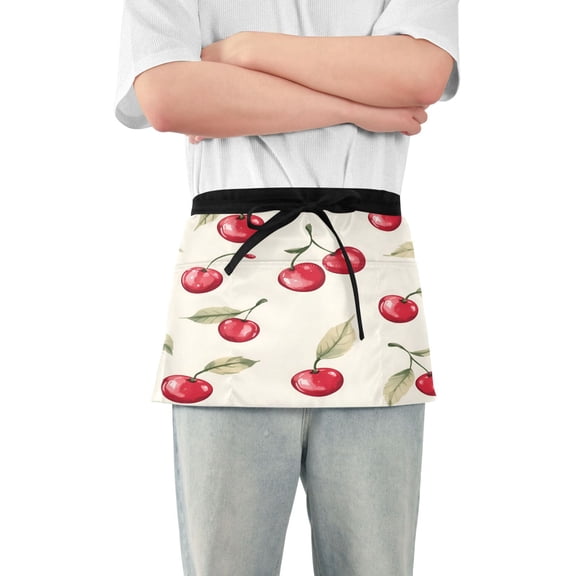 Yayeee Waist Apron with Pockets for Cooking Waterproof Half Server Aprons, Red Cherry
