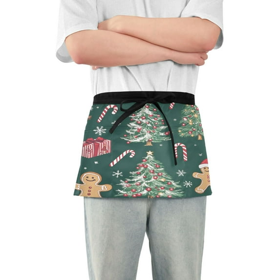 Yayeee Waist Apron with Pockets for Cooking Waterproof Half Server Aprons, Red Christmas Gingerbread