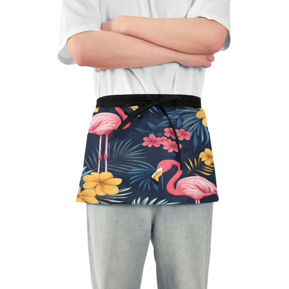 Yayeee Waist Apron with Pockets for Cooking Waterproof Half Server Aprons, Red Floral Flamingo