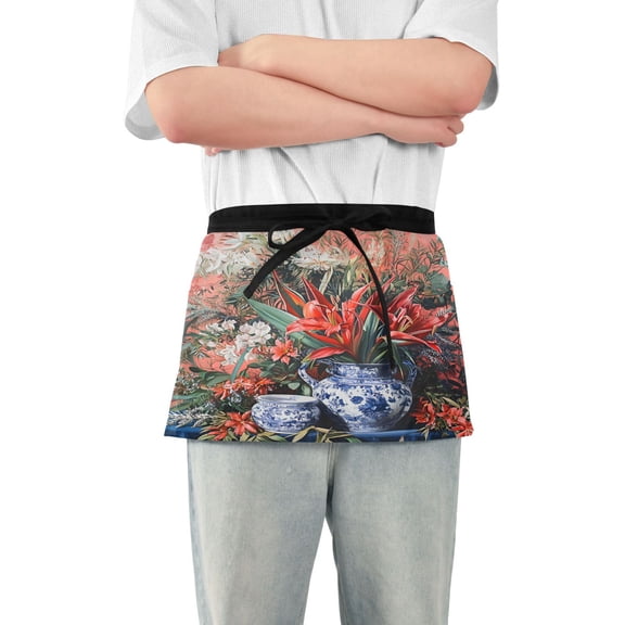 Yayeee Waist Apron with Pockets for Cooking Waterproof Half Server Aprons, Red Vibrant Flowers