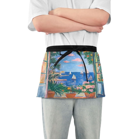 Yayeee Waist Apron with Pockets for Cooking Waterproof Half Server Aprons, Sea Window