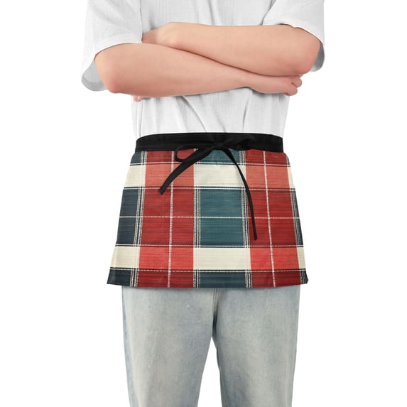 Yayeee Waist Apron with Pockets for Cooking Waterproof Half Server Aprons, Vibrant Red Tartan Pattern