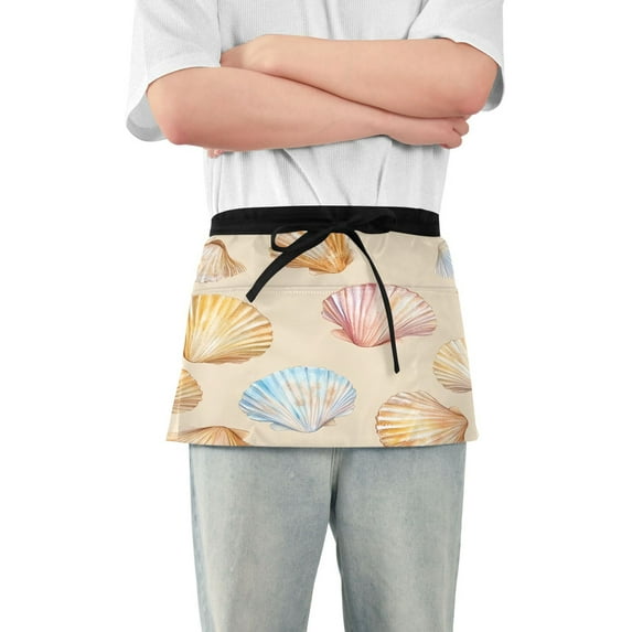 Yayeee Waist Apron with Pockets for Cooking Waterproof Half Server Aprons, Watercolor Seashell