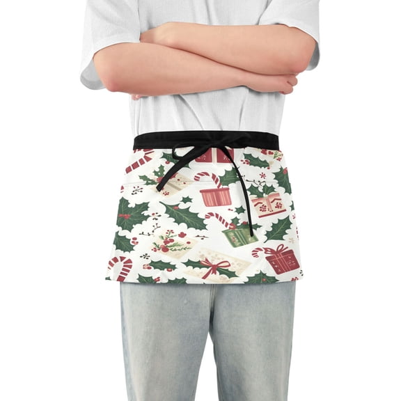 Yayeee Waist Apron with Pockets for Cooking Waterproof Half Server Aprons, White Christmas Holly