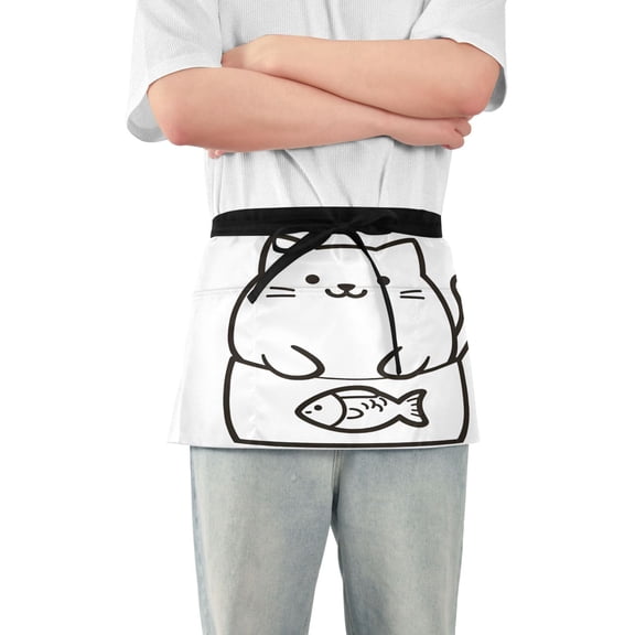 Yayeee Waist Apron with Pockets for Cooking Waterproof Half Server Aprons, White Chubby Cat