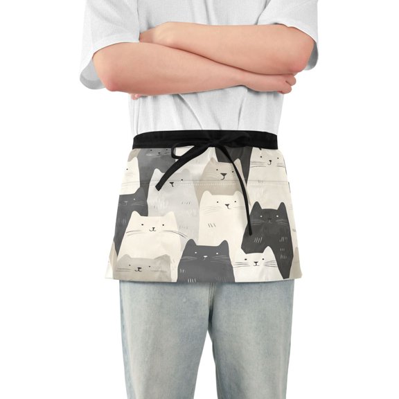 Yayeee Waist Apron with Pockets for Cooking Waterproof Half Server Aprons, White Cute Cats