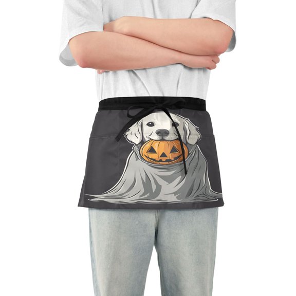 Yayeee Waist Apron with Pockets for Cooking Waterproof Half Server Aprons, White Halloween Dog