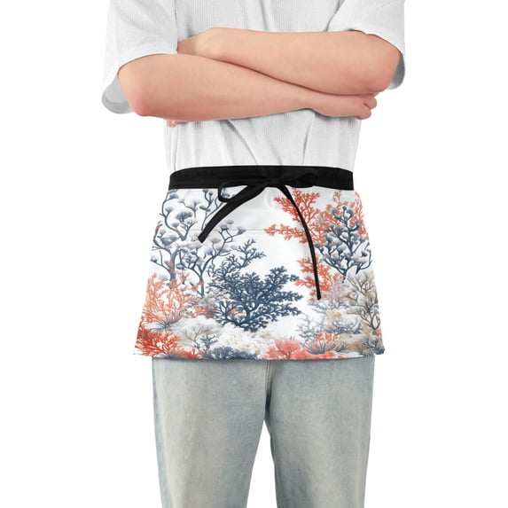 Yayeee Waist Apron with Pockets for Cooking Waterproof Half Server Aprons, White Sea Plants