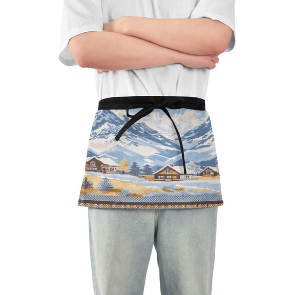 Yayeee Waist Apron with Pockets for Cooking Waterproof Half Server Aprons, Winter Mountain