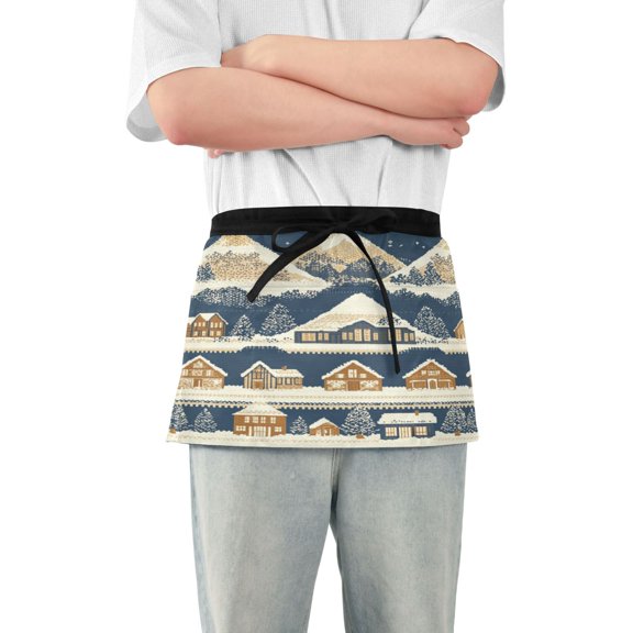 Yayeee Waist Apron with Pockets for Cooking Waterproof Half Server Aprons, Winter Village