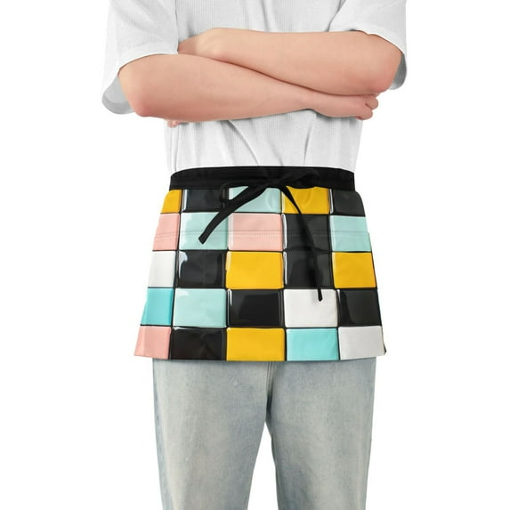 Yayeee Waist Apron with Pockets for Cooking Waterproof Half Server Aprons, Yellow Checkered Pattern