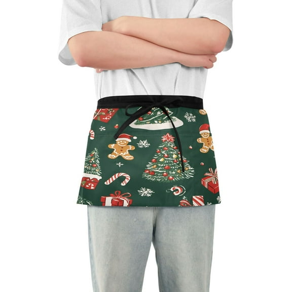 Yayeee Waist Apron with Pockets for Cooking Waterproof Half Server Aprons, Yellow Christmas Gingerbread