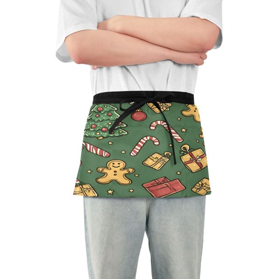 Yayeee Waist Apron with Pockets for Cooking Waterproof Half Server Aprons, Yellow Christmas Gingerbread