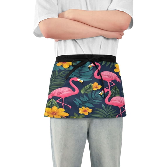 Yayeee Waist Apron with Pockets for Cooking Waterproof Half Server Aprons, Yellow Floral Flamingo