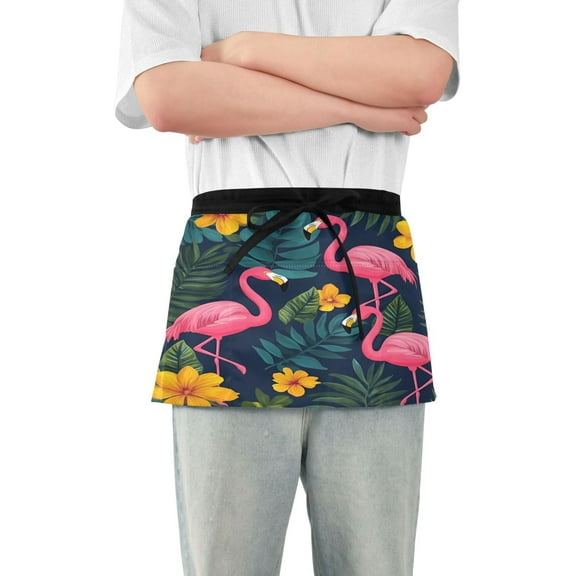 Yayeee Waist Apron with Pockets for Cooking Waterproof Half Server Aprons, Yellow Floral Flamingo