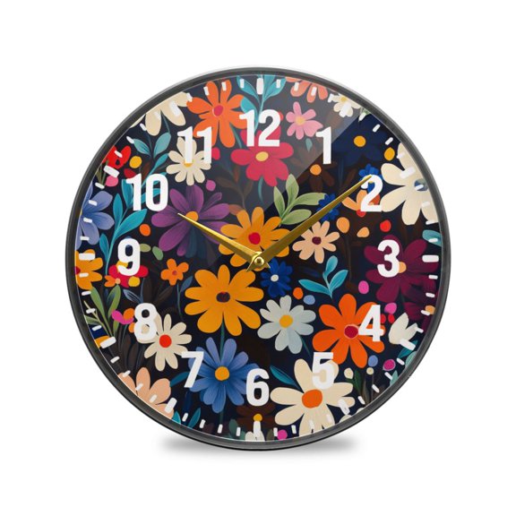 Yayeee Wall Clock Battery Operated 11.9" Silent Quartz Non-Ticking for Living Room Decor, Bright Colorful Flowers Pattern