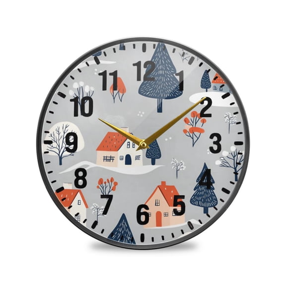 Yayeee Wall Clock Battery Operated 11.9" Silent Non-Ticking for Living Room, Gray Cartoon Houses