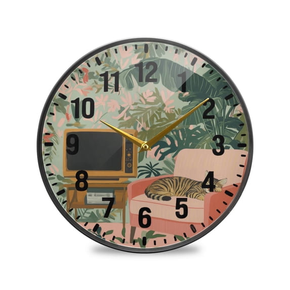 Yayeee Wall Clock Battery Operated 11.9" Silent Quartz Non-Ticking for Living Room Decor, Pink and Green Cat