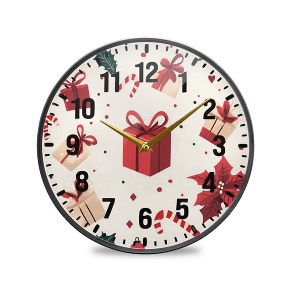 Yayeee Wall Clock Battery Operated 11.9" Silent Quartz Non-Ticking for Living Room Decor, Red Christmas Box Pattern