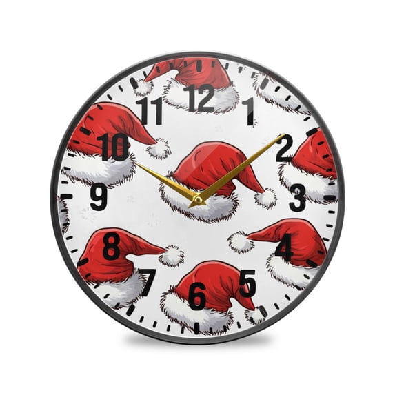 Yayeee Wall Clock Battery Operated 11.9" Silent Quartz Non-Ticking for Living Room Decor, Red Santa Hats Pattern
