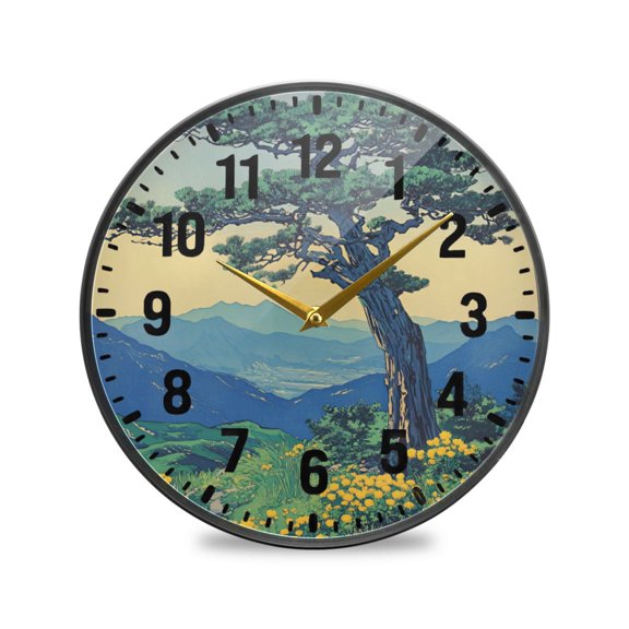 Yayeee Wall Clock Battery Operated 11.9" Silent Non-Ticking for Living Room, Retro Mountain