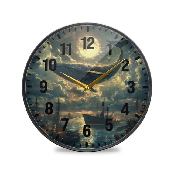 Yayeee Wall Clock Battery Operated 11.9" Silent Quartz Non-Ticking for Living Room Decor, Whale and Moon