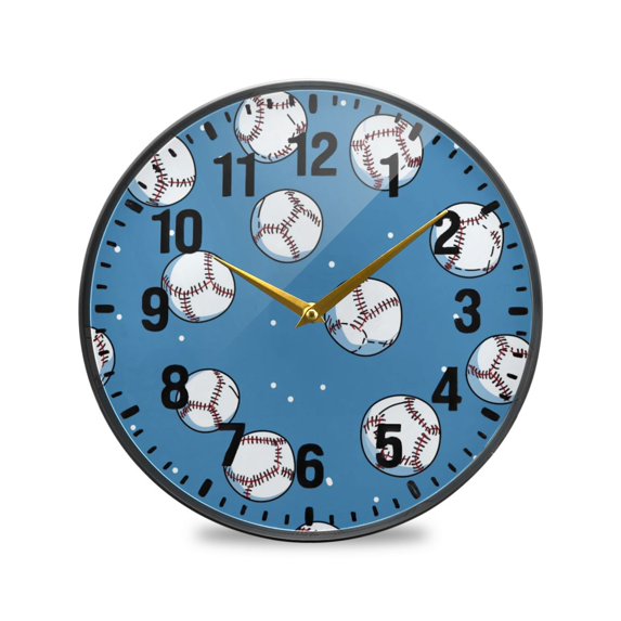 Yayeee Wall Clock Battery Operated 9.5" Silent Quartz Non-Ticking for Living Room Decor, Baseballs Pattern
