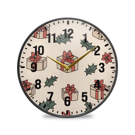 Yayeee Wall Clock Battery Operated 9.5" Silent Quartz Non-Ticking for Living Room Decor, Beige Christmas Box Pattern