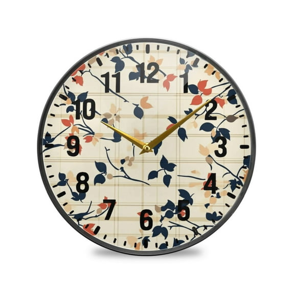 Yayeee Wall Clock Battery Operated 9.5" Silent Non-Ticking for Living Room, Beige Leaves Plaid